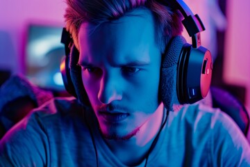 a gamer wearing earmuffs during an intense gaming session - obrazy, fototapety, plakaty