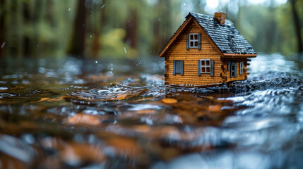 Environmental disasters and floods. A flooded house is standing in water