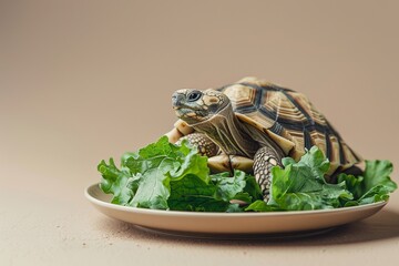 Serenity in nature: A delightful tortoise amid fresh greens