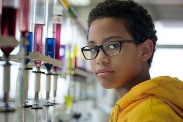 young student with glasses in a science lab