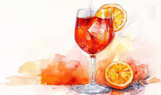 Watercolor hand painted Spritz cocktail glass with orange fruit simple sketch illustration on white background, watercolor illustration 