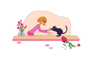 A young woman picks up a cat from the windowsill. The kitten dropped a flower pot. Scene of love and friendship between human and pet. For poster, fabric, paper, printing on childrens and adult