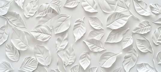 White background with embossed leaves pattern, seamless texture for wall decoration or interior design. Abstract white background with wavy leaves texture pattern for wall cladding