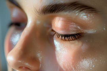 closeup of dewy makeup look on a womans face on a humid day - obrazy, fototapety, plakaty