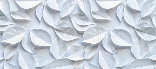 White background with embossed leaves pattern, seamless texture for wall decoration or interior design. Abstract white background with wavy leaves texture pattern for wall cladding