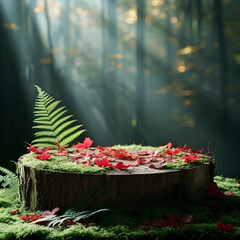Empty podium made of moss and red fallen leaves with green forest