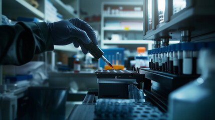 Fototapeta premium Scientist hand working with test tubes in laboratory 