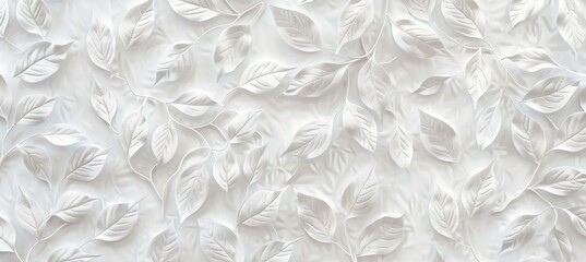 White background with embossed leaves pattern, seamless texture for wall decoration or interior design. Abstract white background with wavy leaves texture pattern for wall cladding - obrazy, fototapety, plakaty