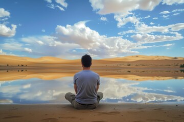 Naklejka na ściany i meble seated man in front of a tranquil desert mirage reflecting the sky