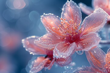 Fototapeta premium Ice crystals in the shape of flowers, glittery colors, and a bokeh light effect.