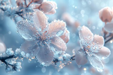 Ice crystals in the shape of flowers, glittery colors, and a bokeh light effect.