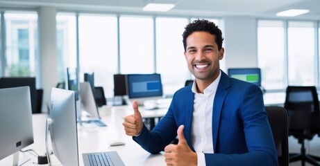 Innovative software developer in workspace giving thumbs up among code screens.