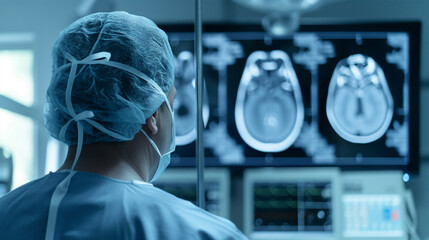 Doctor looks at brain MRI scan diagram in hospital