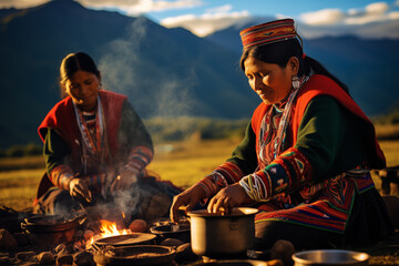 A group of indigenous women dressed in their traditional costumes in their daily life in the Andean highlands - 768544041