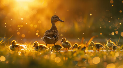 An evocative image of a mother duck with her brood of ducklings basking in the warm, glowing light of sunset in nature