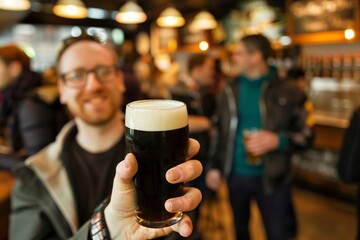 Fototapeta premium tourist holding a pint at a dublin brewery tour