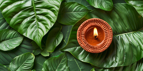 close up of green leaf with burning candle