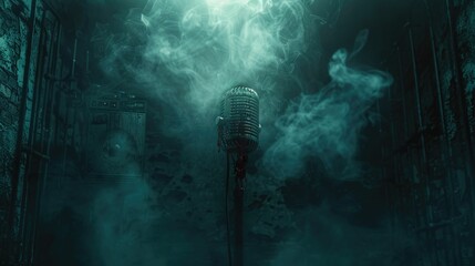 Nightmarish podcast scene, with fog swirling around an old, blood-stained microphone