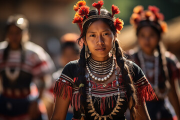 A group of indigenous women dressed in their traditional costumes in their daily life in the Andean highlands