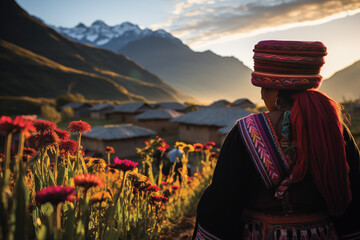 A group of indigenous women dressed in their traditional costumes in their daily life in the Andean highlands - 768544096