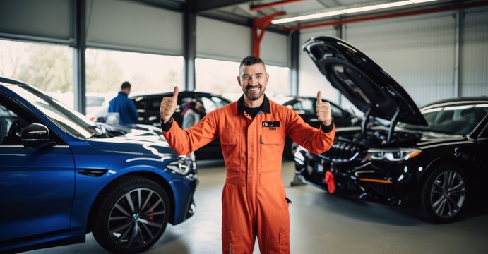 Car mechanic in garage giving thumbs up, surrounded by tools