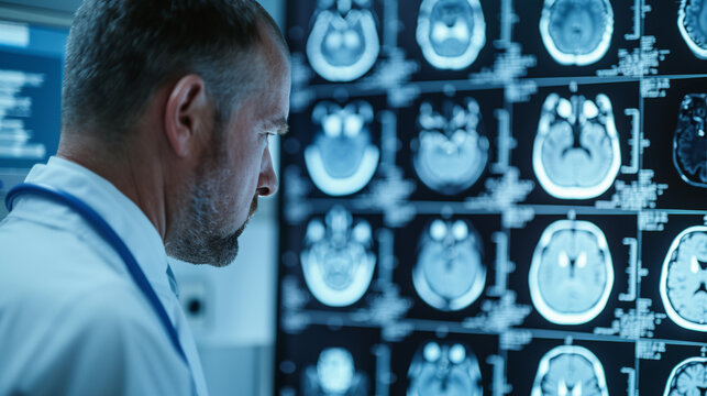 Male doctor looks at brain MRI scan diagram in hospital