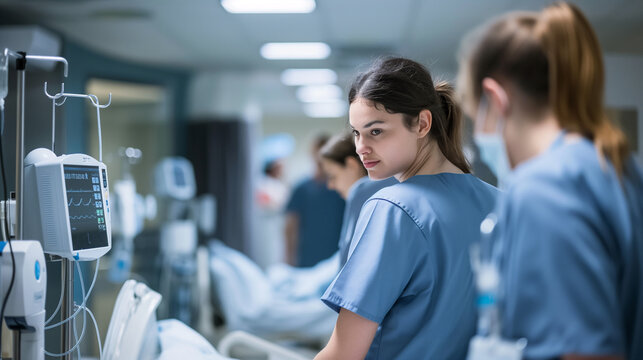 Hospital nurse looking at Heart monitor beside a patient