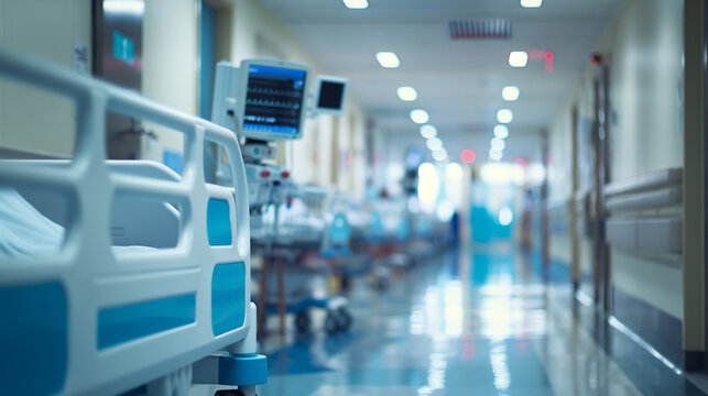 Heart monitor and hospital bed on corridor