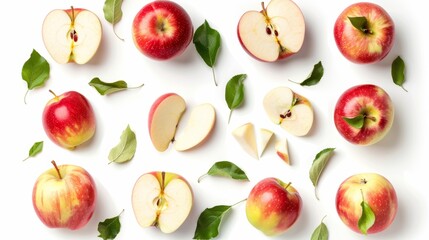 On a white background, a set of whole and cut apples on a white background. From the top.