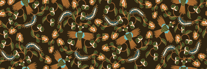 Hand-drawing Batik leaf floral geometry seamless. Line art decoration design. - obrazy, fototapety, plakaty