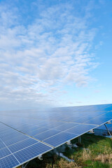 Blue solar cells in a solar panels power farm or photovoltaic cell park reflecting the blue cloudy...