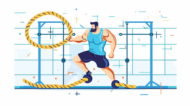 Strong bodybuilder sportsman man with battle rope doin