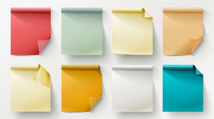 Realistic modern illustration of a collection of different colored notepaper with curled corners, ready for your message. Isolated on white background. Front view. Close up. - obrazy, fototapety, plakaty