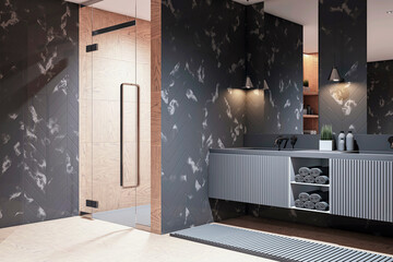 Sleek bathroom interior featuring dark marble and light wood tones. 3D Rendering