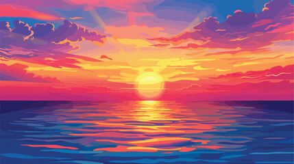 Sunset sky over the calm surface of the sea. flat vector