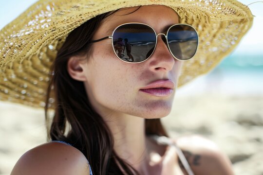 woman in sunglasses wearing a straw hat on the beach