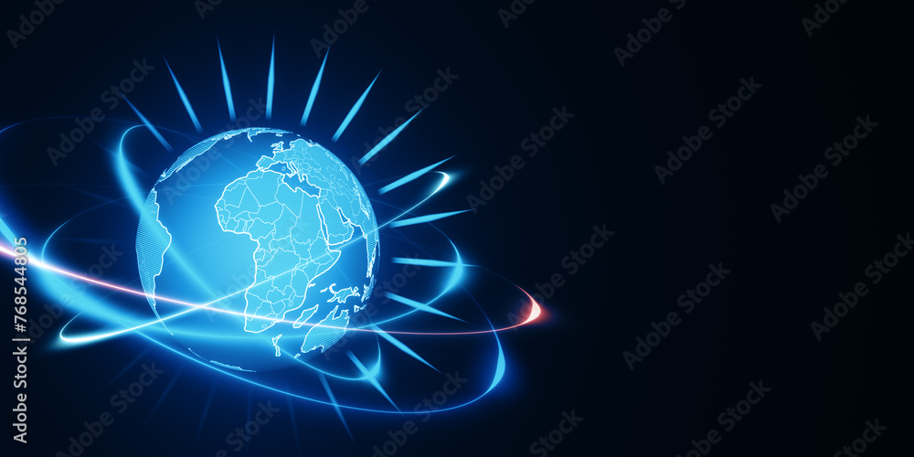 Poster abstract glowing futuristic blue globe hologram on blurry background with mock up place. digital inn