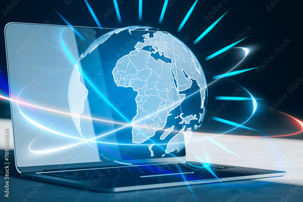 Poster close up of smartphone with glowing futuristic blue globe hologram on blurry background. digital inn