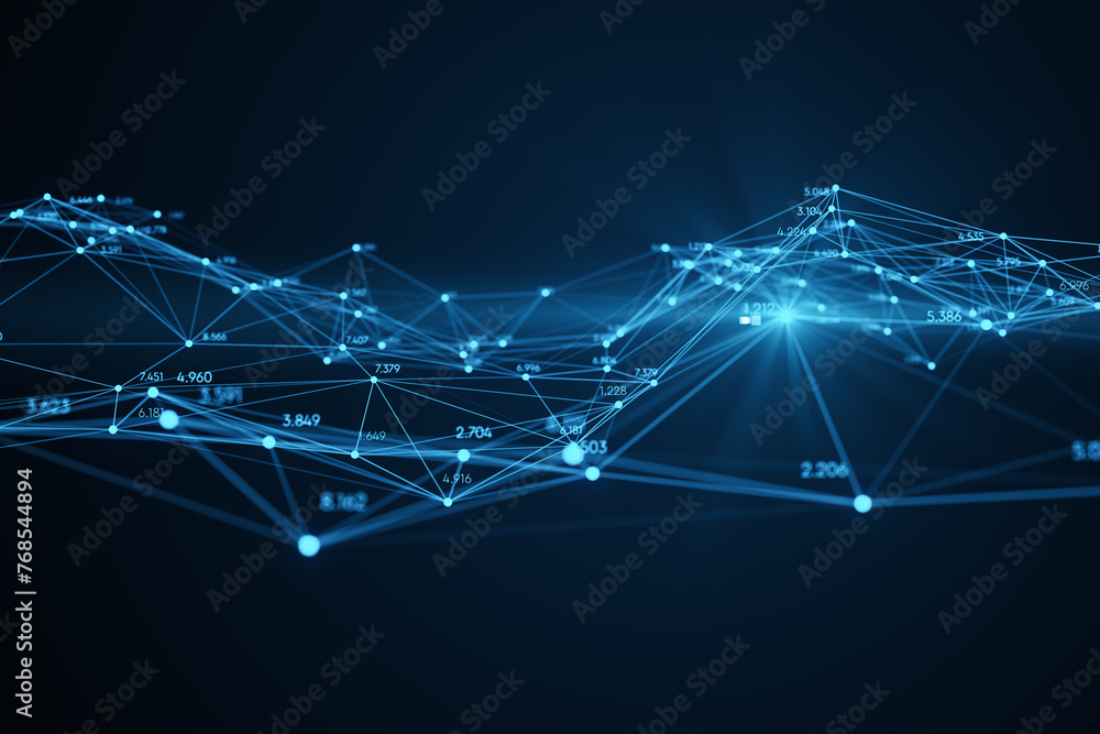 Poster Creative glowing polygonal interface on blue background. Technology, innovation and network concept. 3D Rendering.