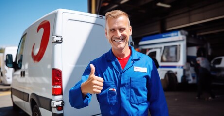 Dependable plumber with tools, ready for service, giving thumbs up in front of work van.