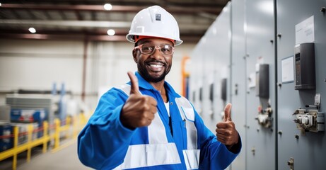 Skilled electrician with safety gear in front of electrical panel.