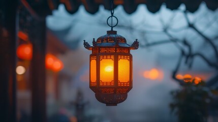 A close-up of a lantern hanging in misty darkness, with a color gradient transitioning from bright yellow to deep orange.