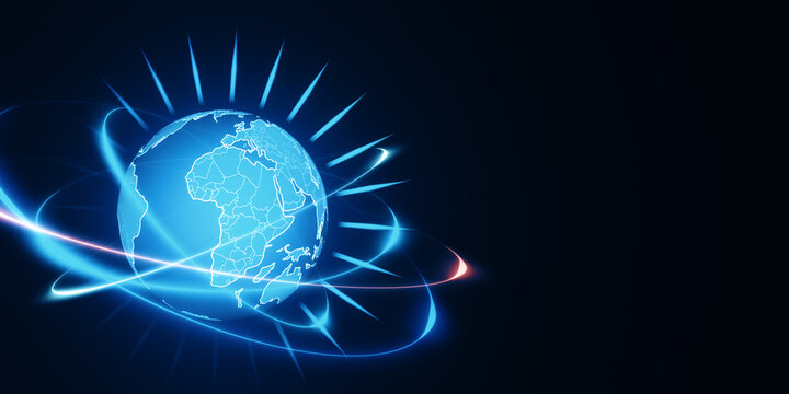 Abstract glowing futuristic blue globe hologram on blurry background with mock up place. Digital innovation and technology concept. 3D Rendering.
