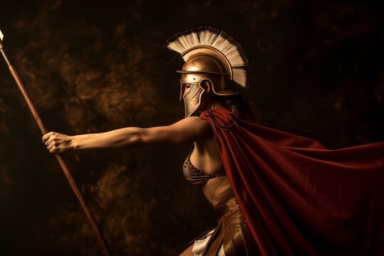 woman wearing spartan helmet and cape training with a spear