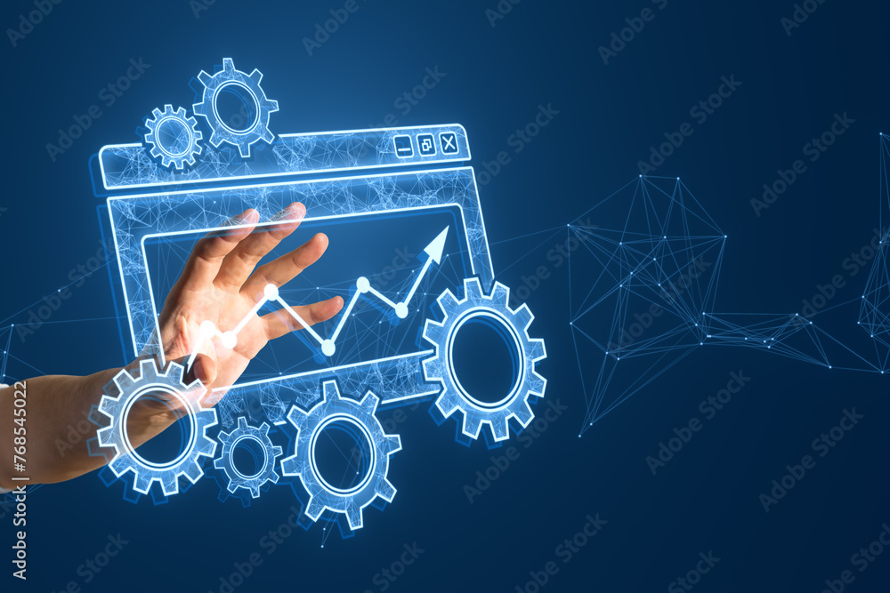 Poster Close up of male hand using creative digital computer folder with cogs, mesh and arrows on blurry backdrop. Project Management icon, data management, folder, project goals, task management concept.