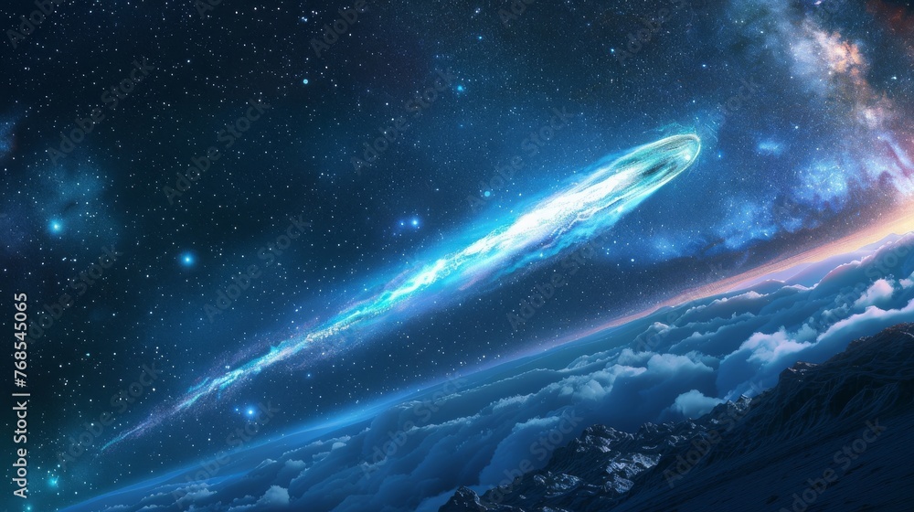 Aufkleber a comet streaking across the sky, using custom shapes and brushes to realistic tail glow.