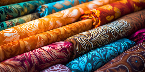 Traditional batik fabrics pile, Textile fabric store in Pakistan, colorful background, Textile Factory, Generative AI  - obrazy, fototapety, plakaty