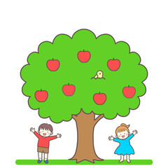 リンゴの木と楽しそうな男の子と女の子