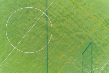 aerial overhead view with drone of a soccer field