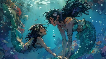 A comic strip showing the humorous side of life as a mermaid in the modern world, with bright, oceanic colors and playful scenarios.
